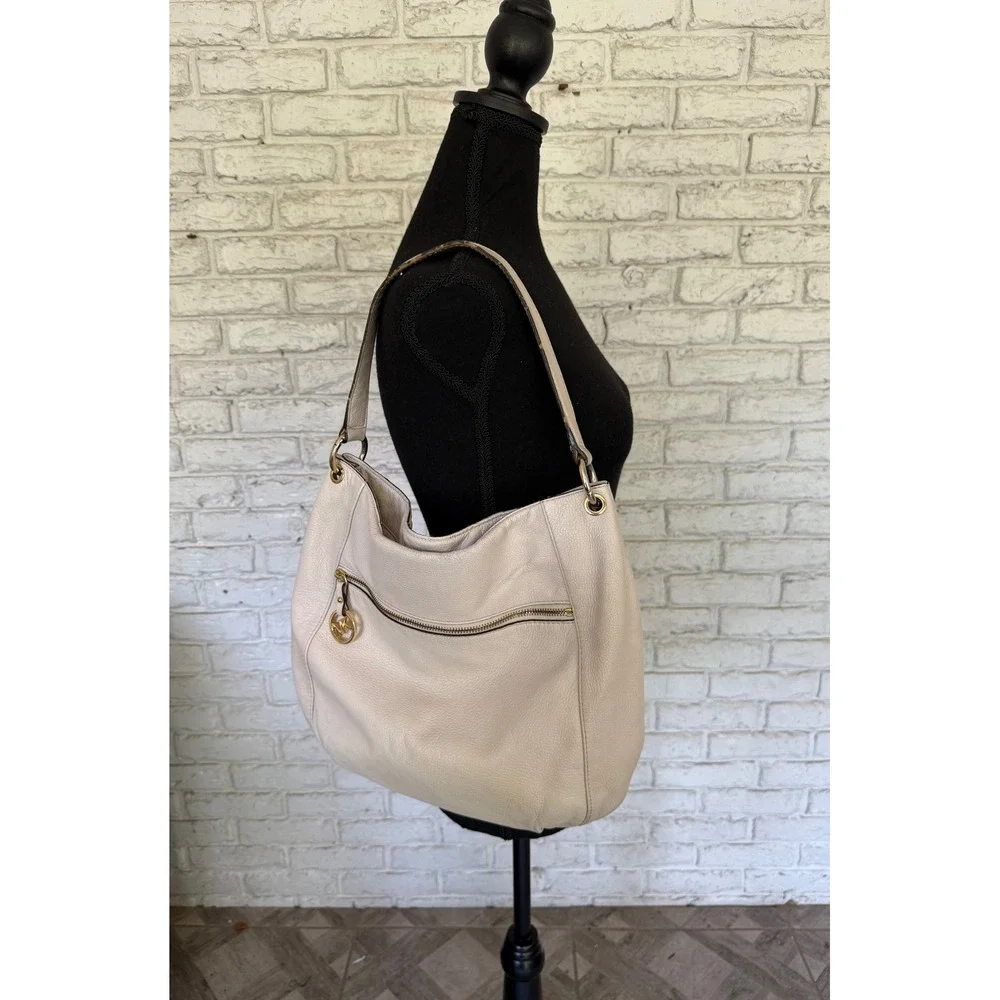 Michael Kors Beige Leather Hobo Bag Gold Hardware Designer Purse Shoulder Bag